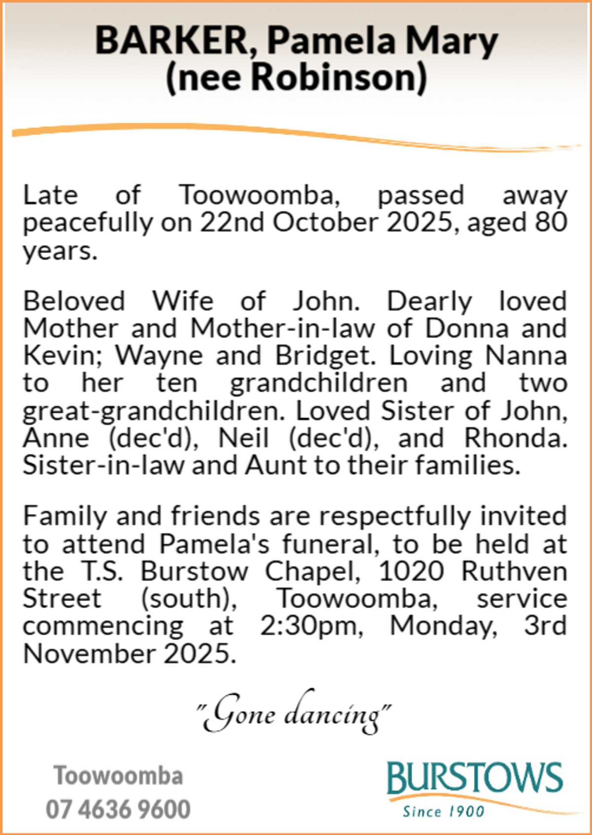 Funeral notice for Pamela Mary Barker