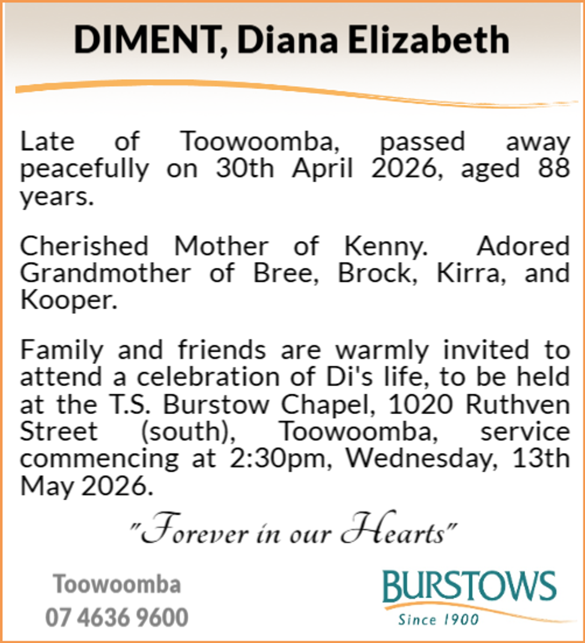 Funeral notice for Diana Elizabeth Diment