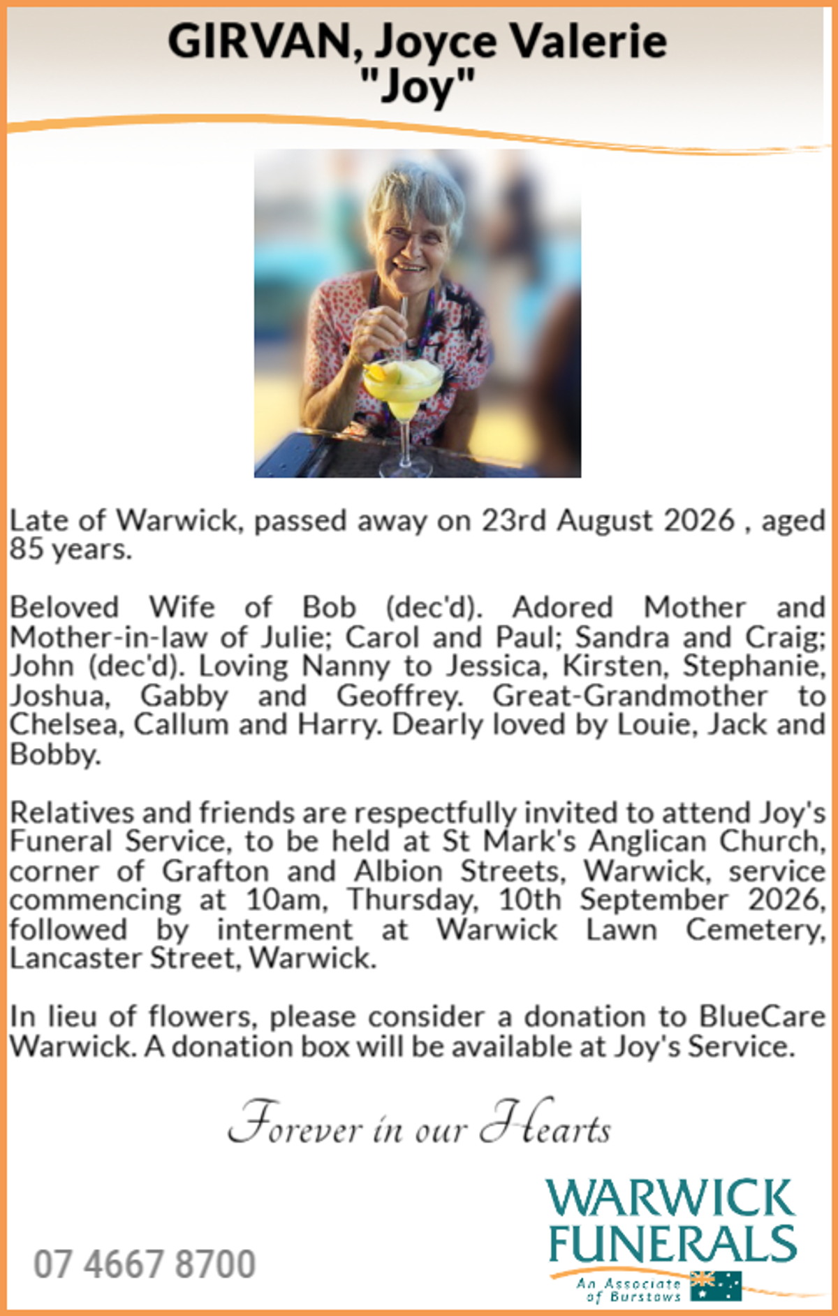 Funeral notice for Joyce Valerie Girvan