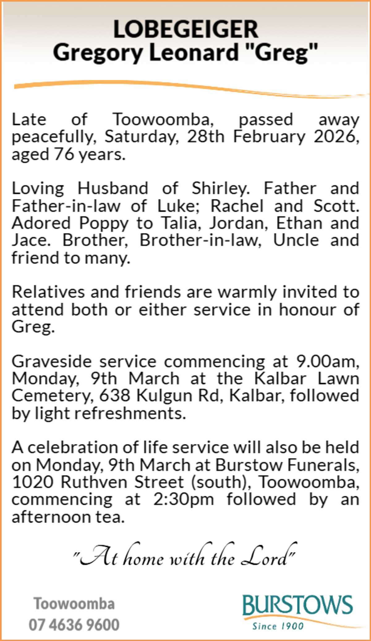 Funeral notice for Gregory Leonard Lobegeiger