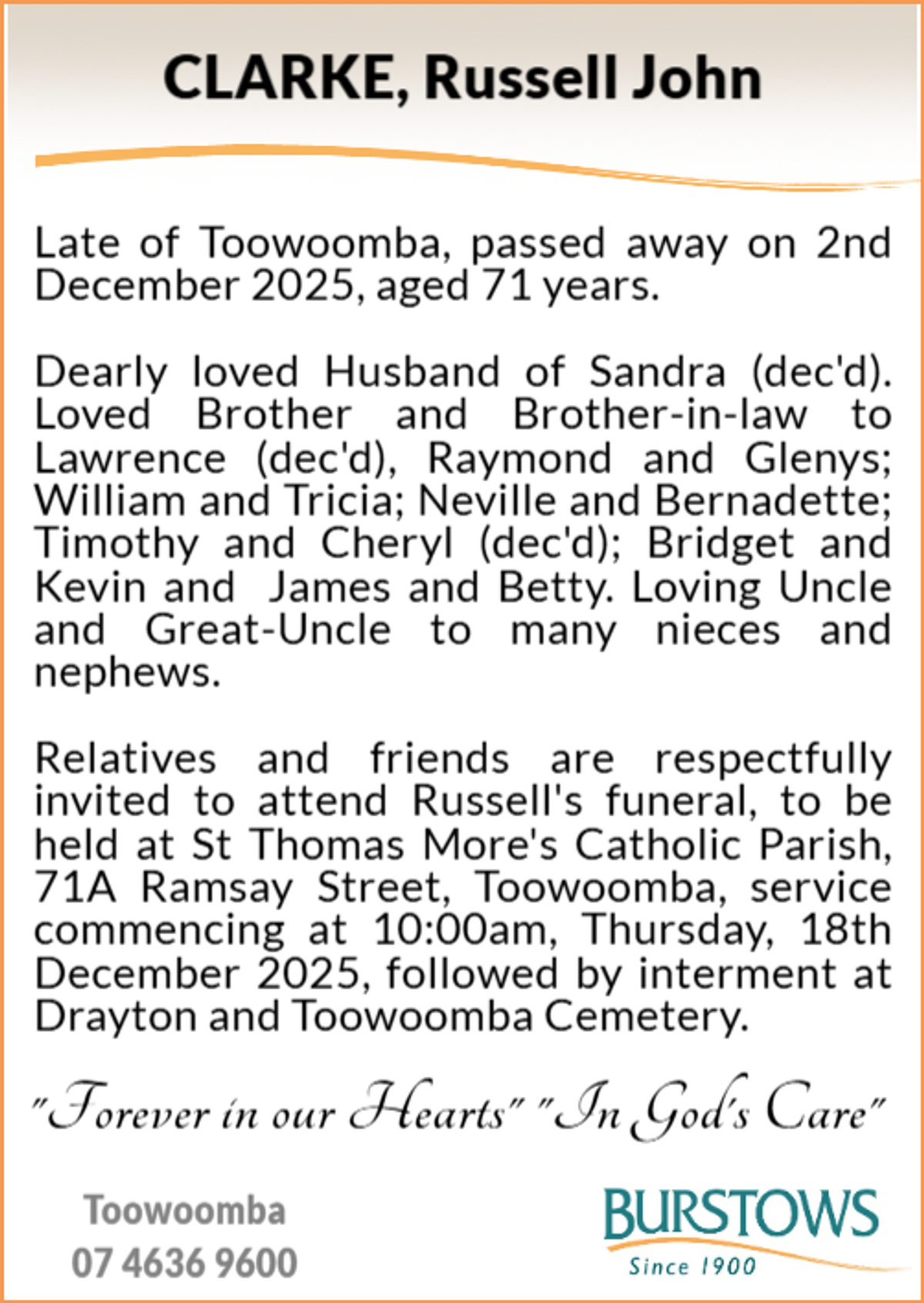 Funeral notice for Russell John Clarke