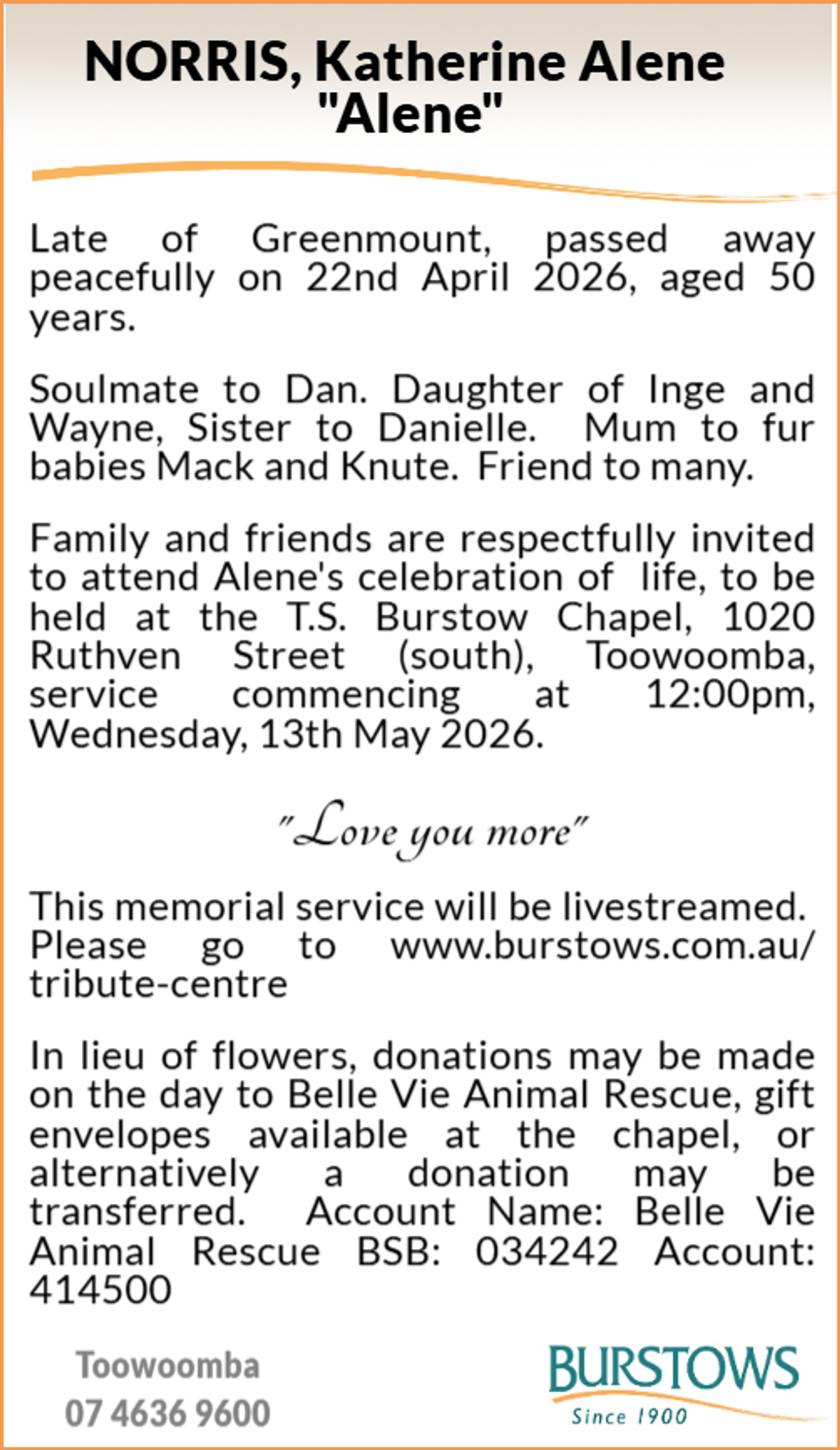 Funeral notice for Katherine Alene Norris