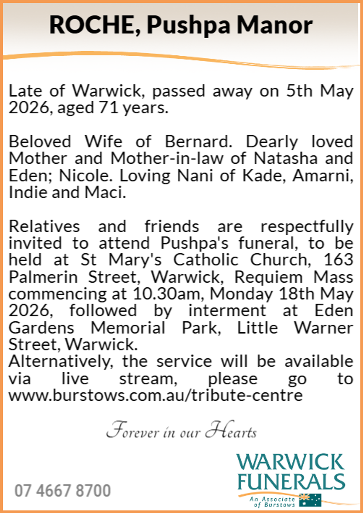 Funeral notice for Pushpa Manor Roche