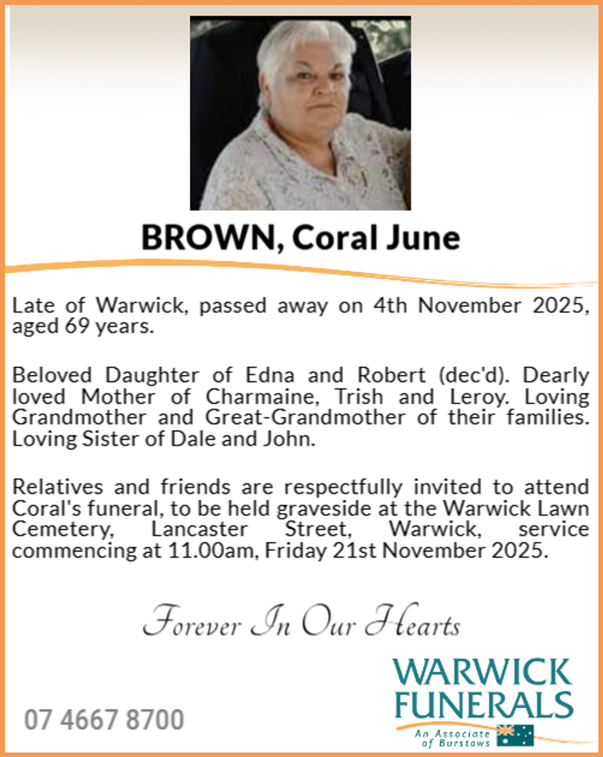 Funeral notice for Coral June Brown