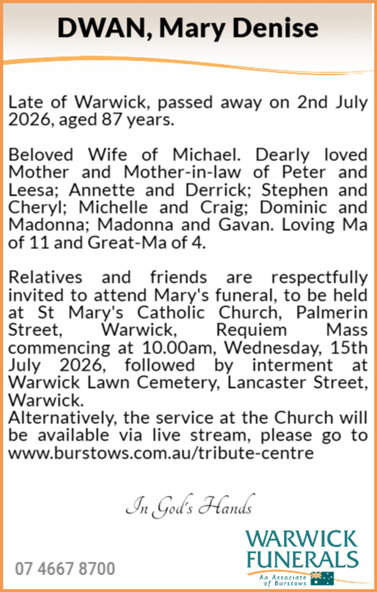 Funeral notice for Mary Denise Dwan