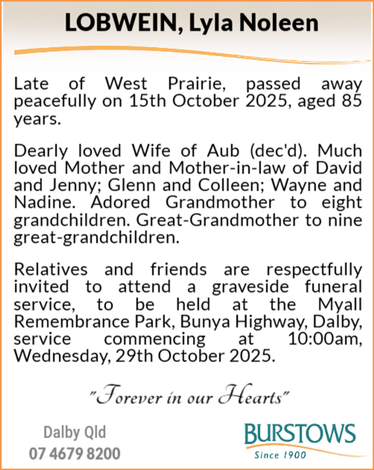 Funeral notice for Lyla Noleen Lobwein