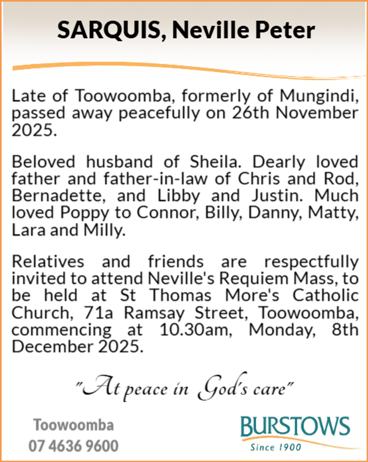 Funeral notice for Neville Peter Sarquis