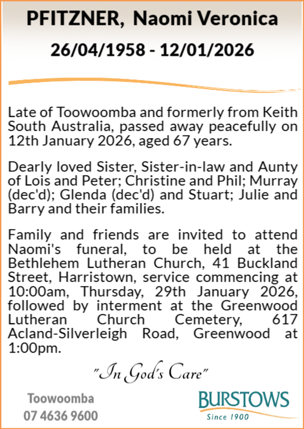 Funeral notice for Naomi Veronica Pfitzner