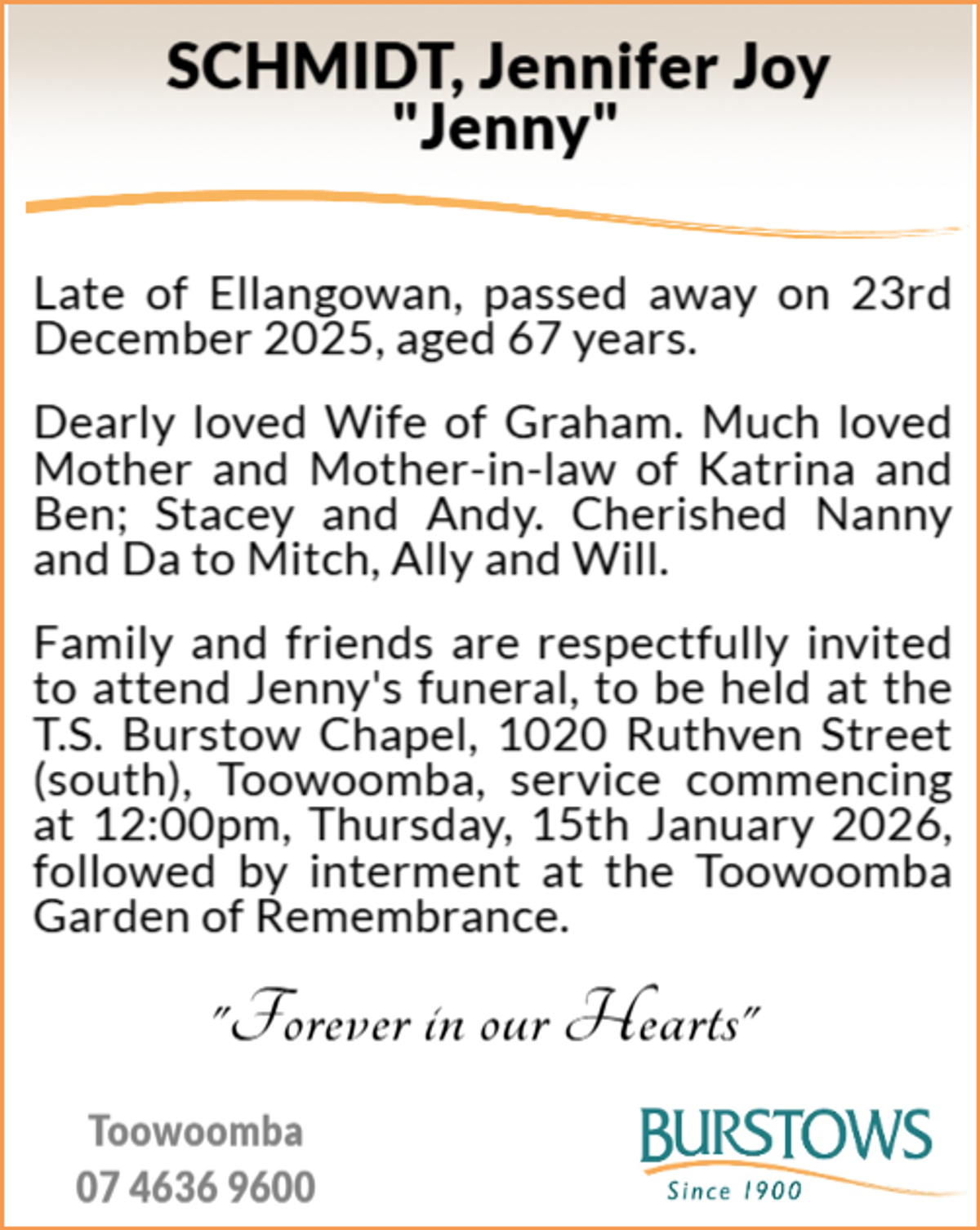 Funeral notice for Jennifer Joy Schmidt