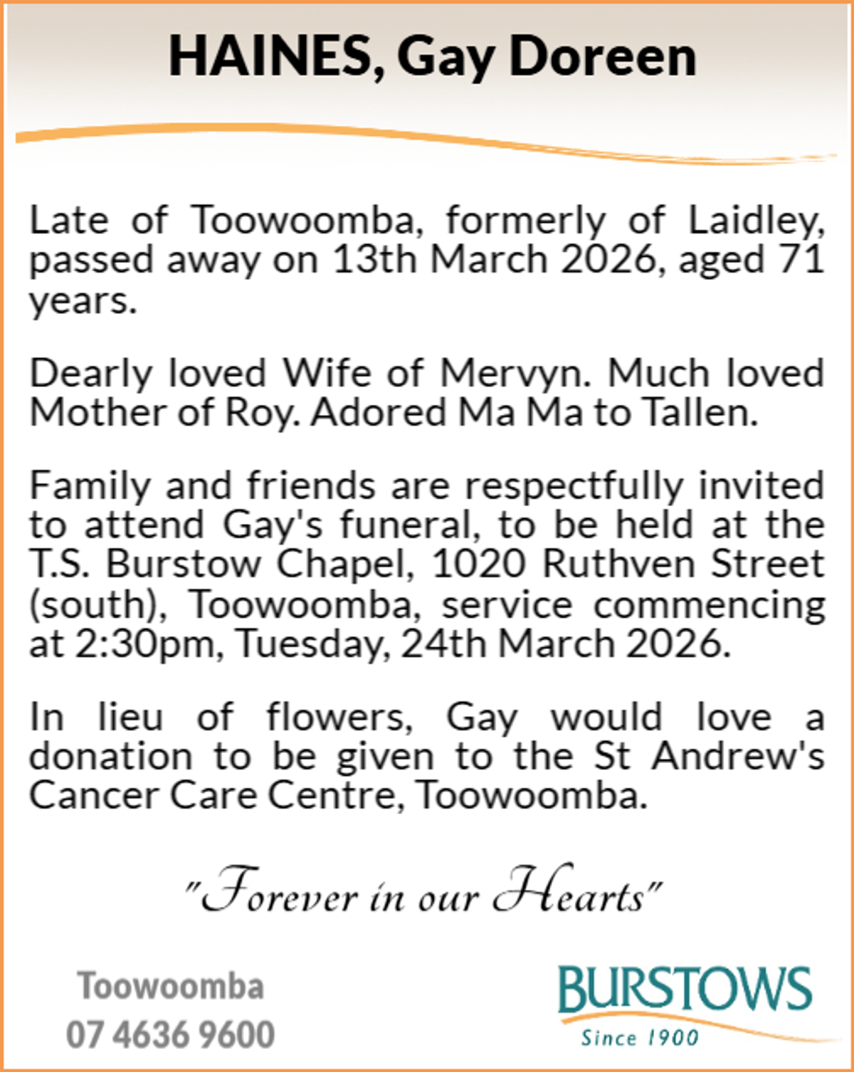 Funeral notice for Gay Doreen Haines