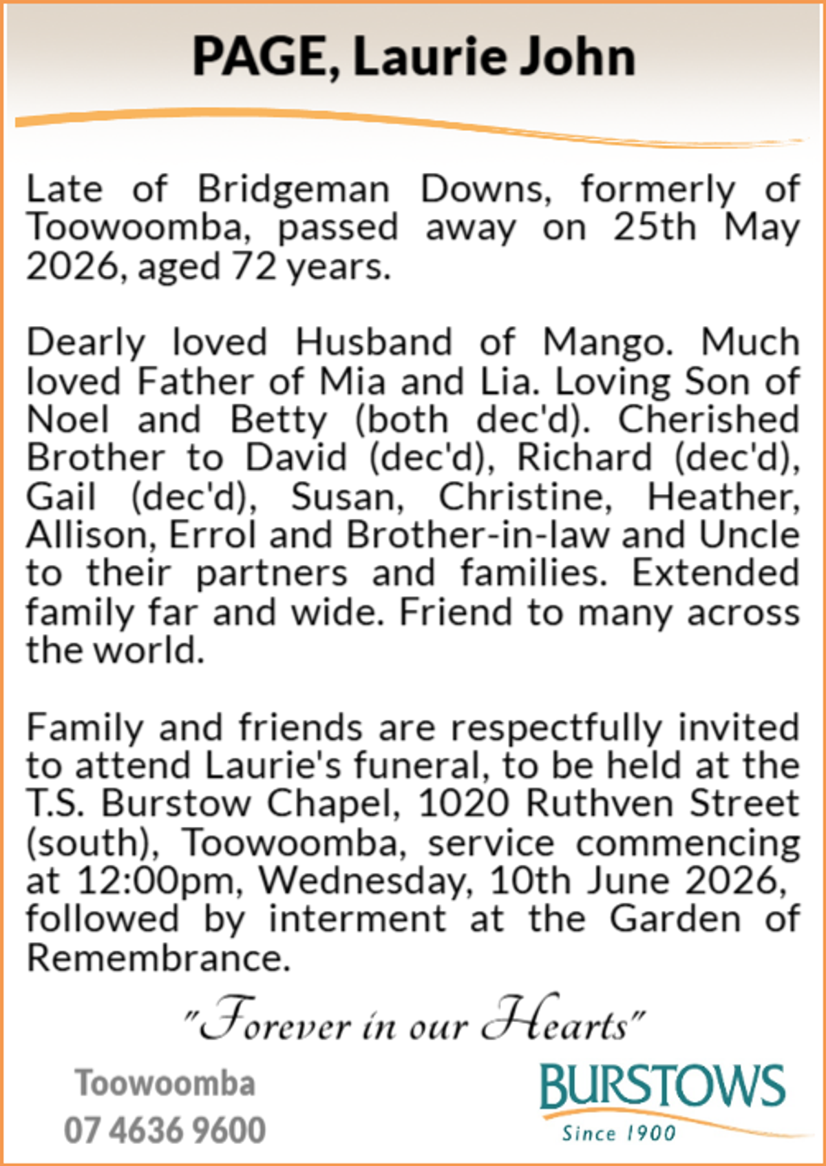 Funeral notice for Laurie John Page