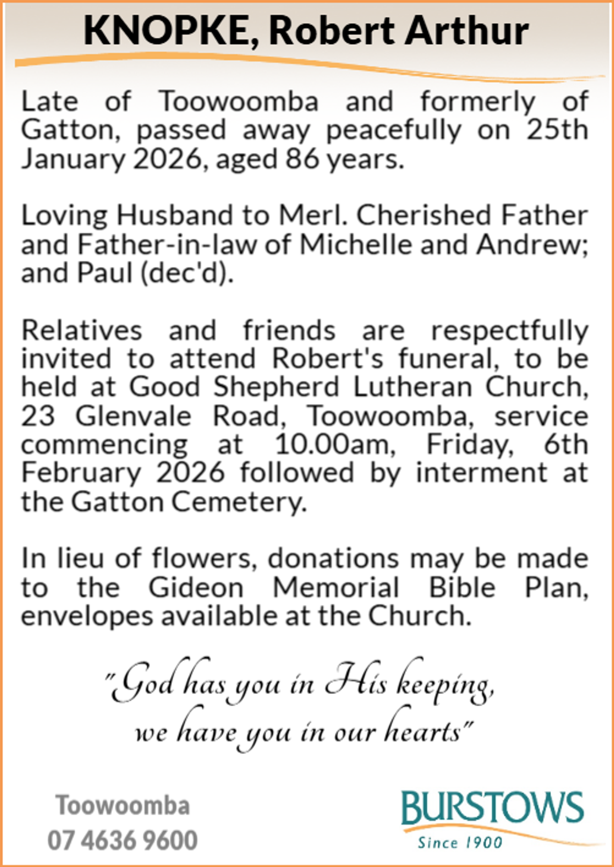Funeral notice for Robert Arthur Knopke