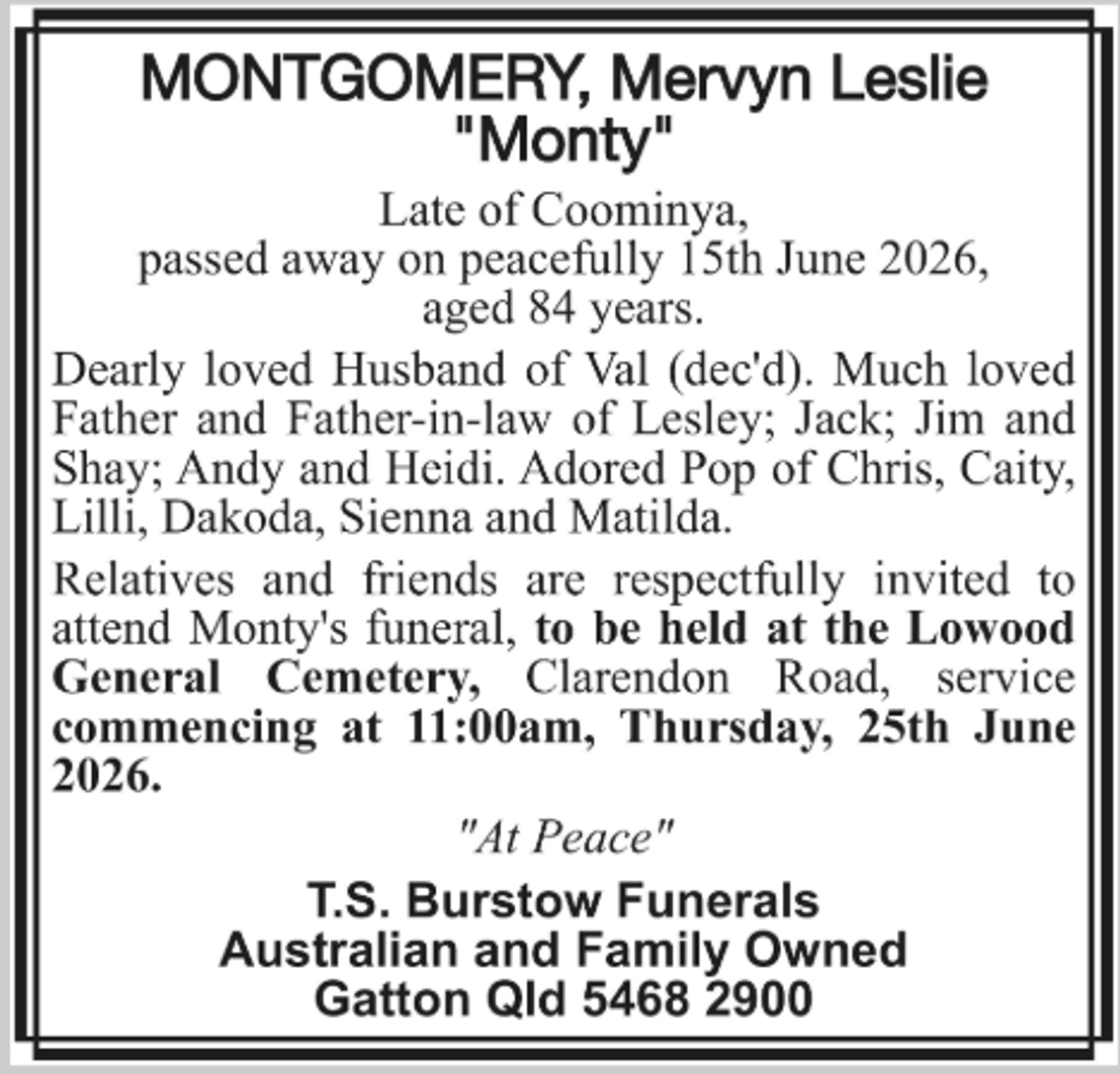 Funeral notice for Mervyn Leslie Montgomery