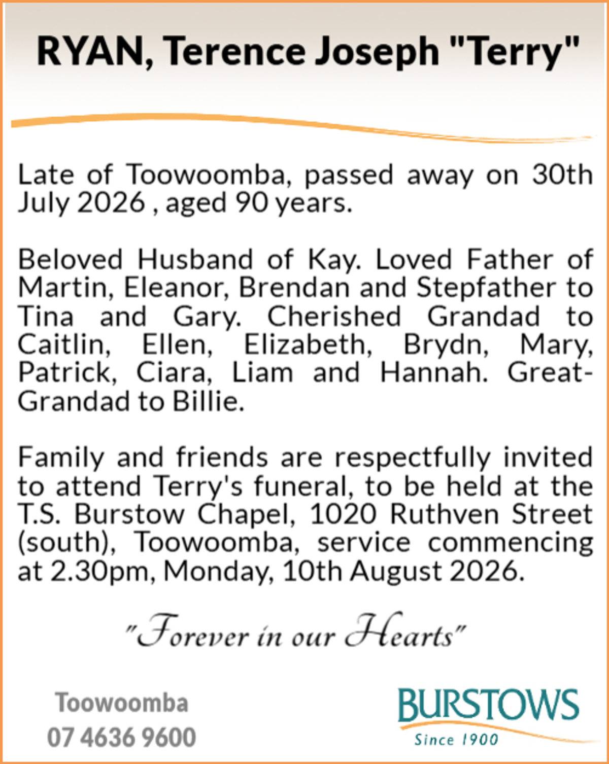 Funeral notice for Terence Joseph Ryan