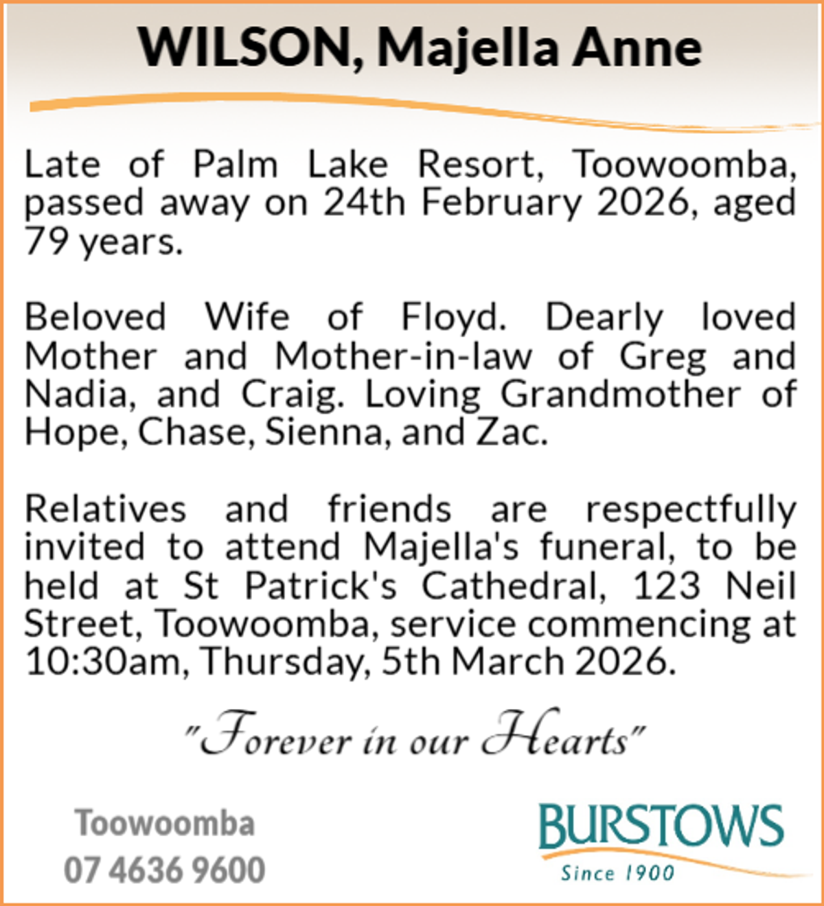 Funeral notice for Majella Anne Wilson