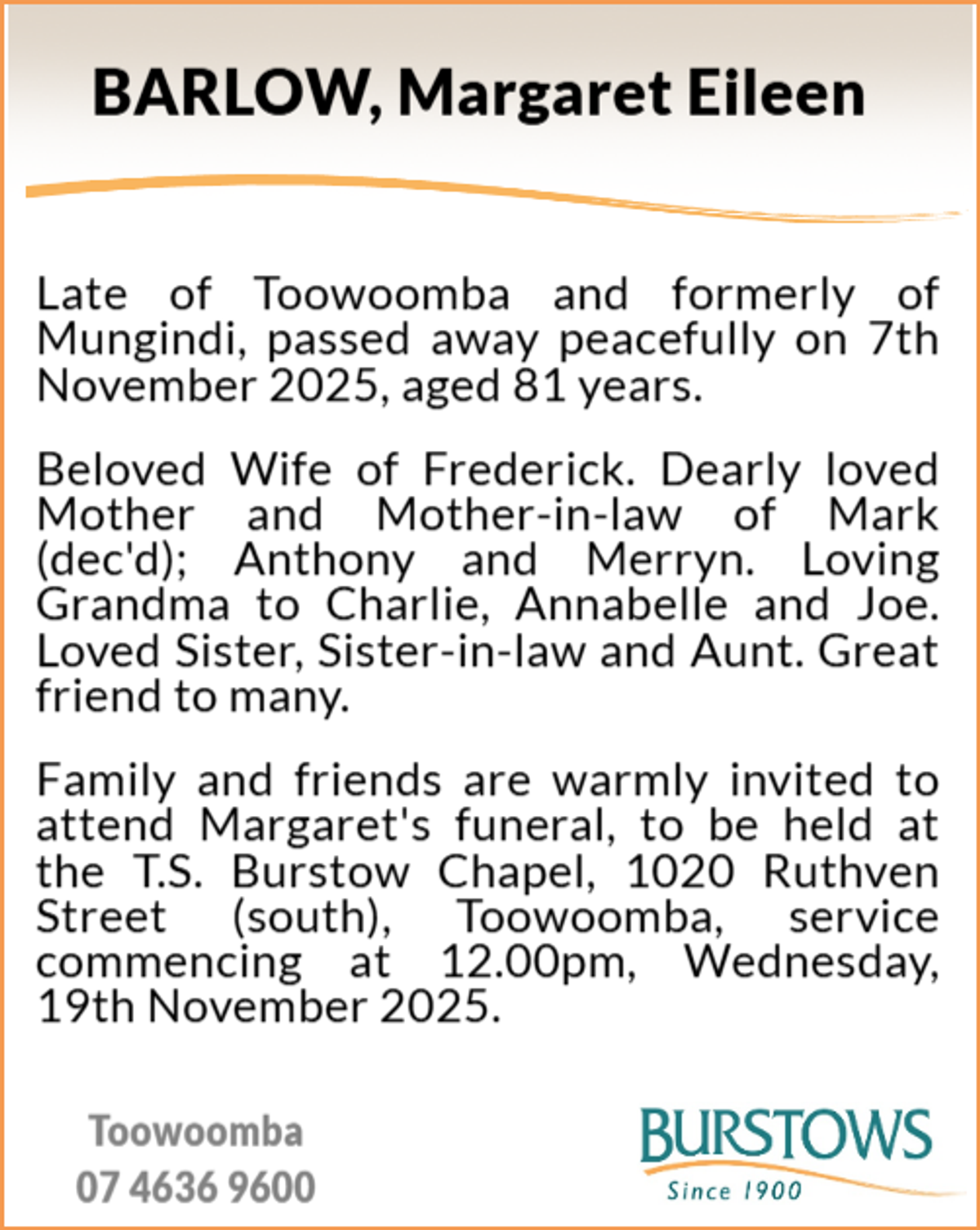 Funeral notice for Margaret Eileen Barlow
