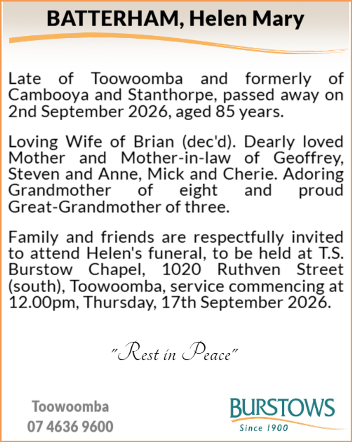 Funeral notice for Helen Mary Batterham