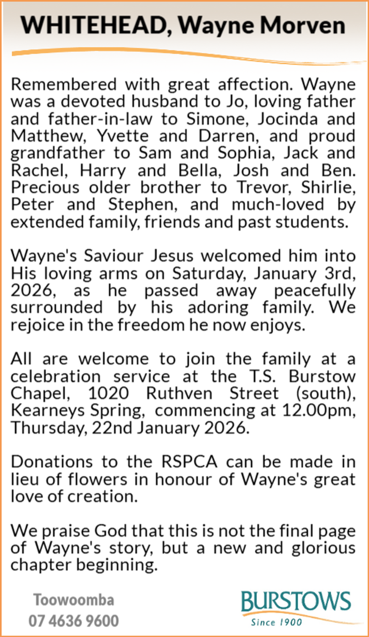 Funeral notice for Wayne Morven Whitehead