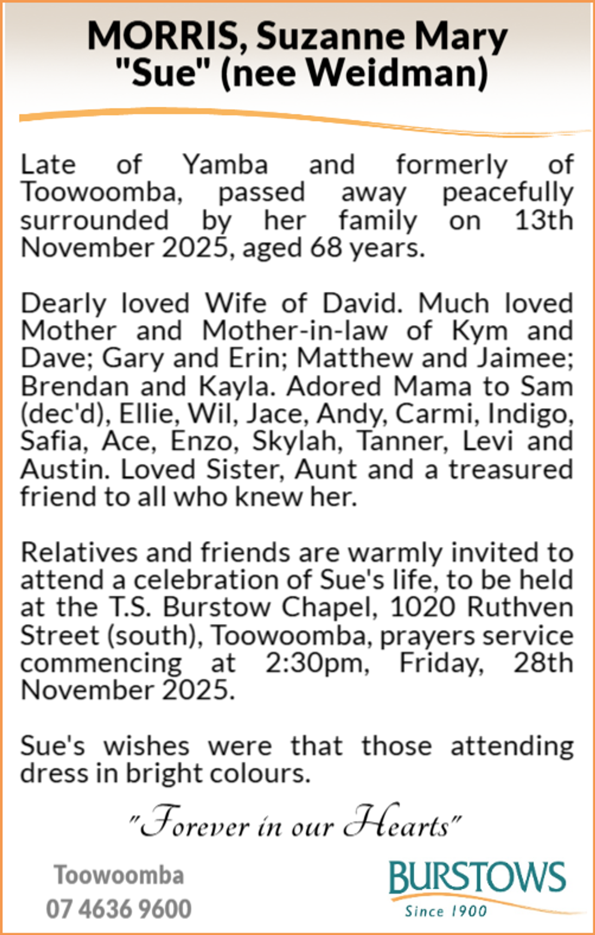 Funeral notice for Suzanne Mary Morris