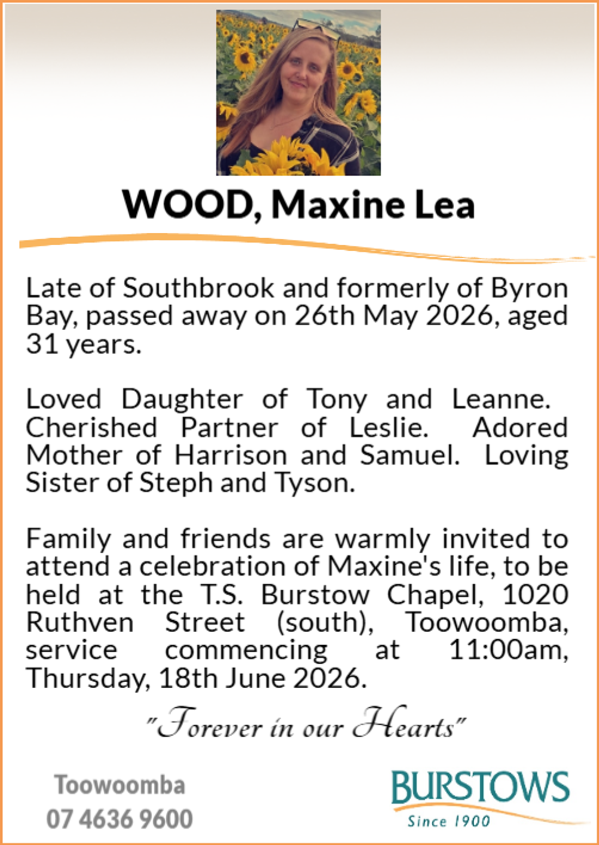 Funeral notice for Maxine Lea Wood