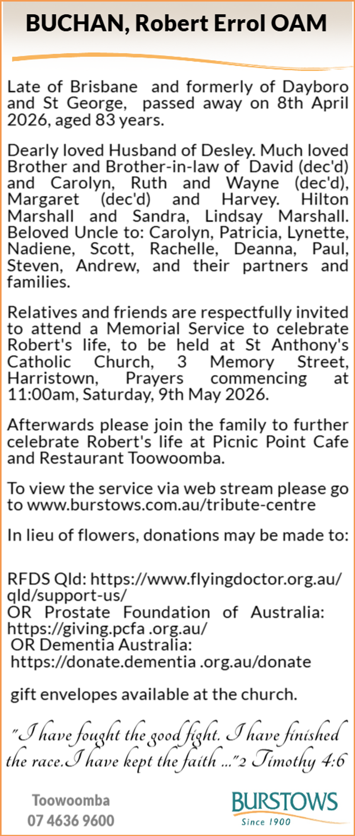 Funeral notice for Robert Errol Buchan OAM