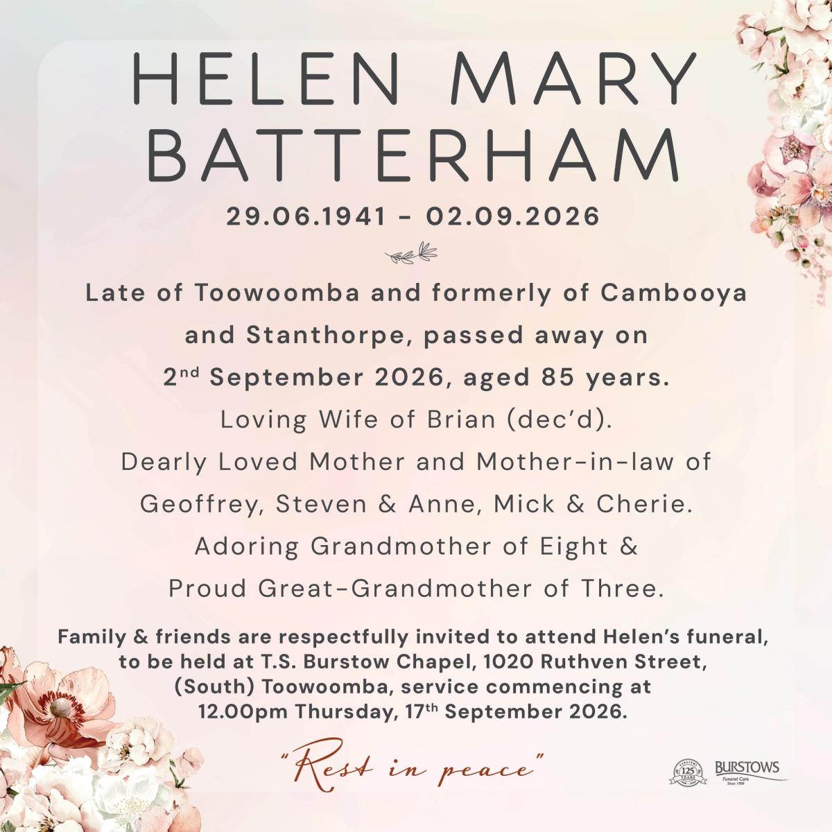 Funeral notice for Helen Mary Batterham