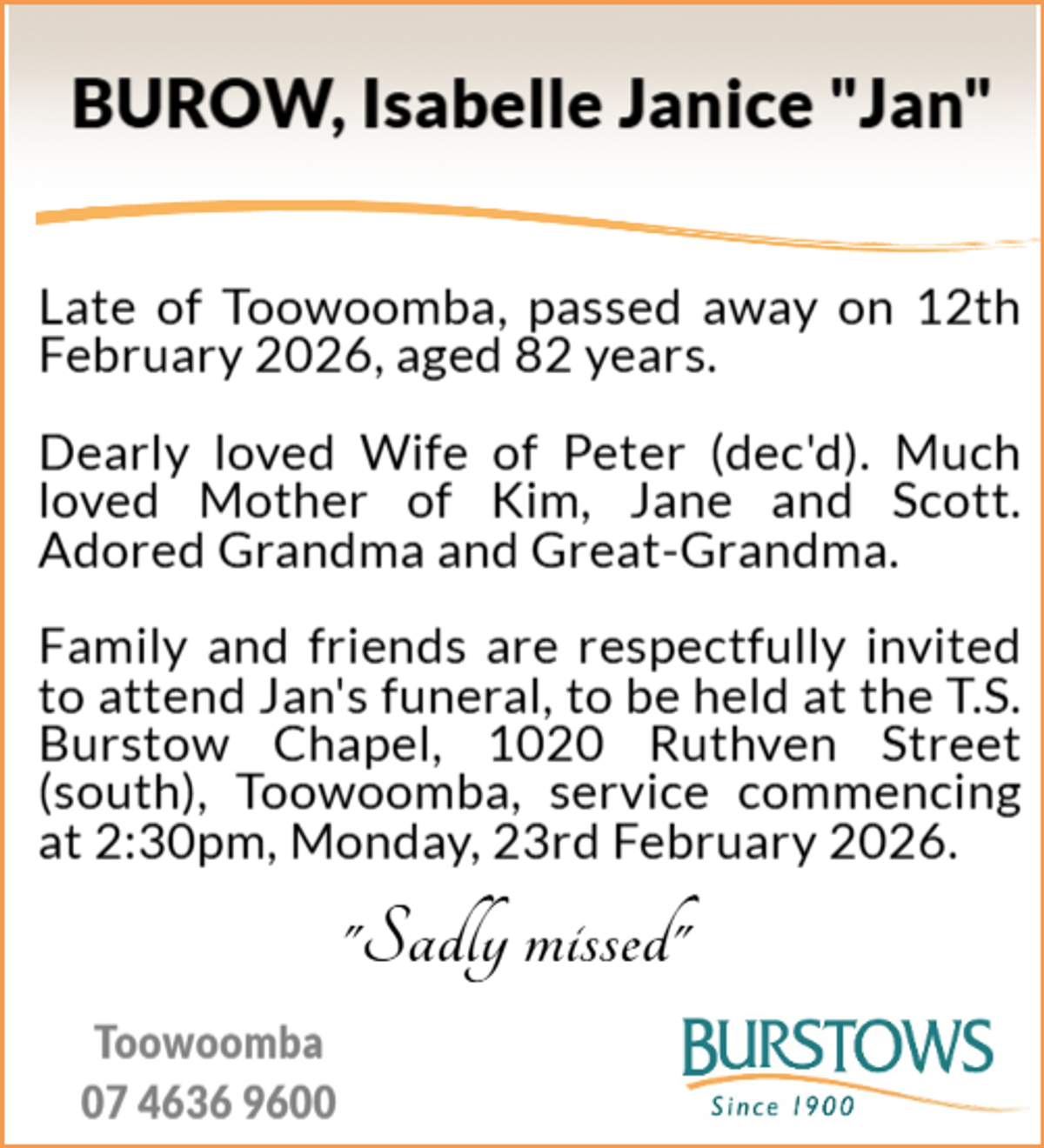 Funeral notice for Isabelle Janice Burow