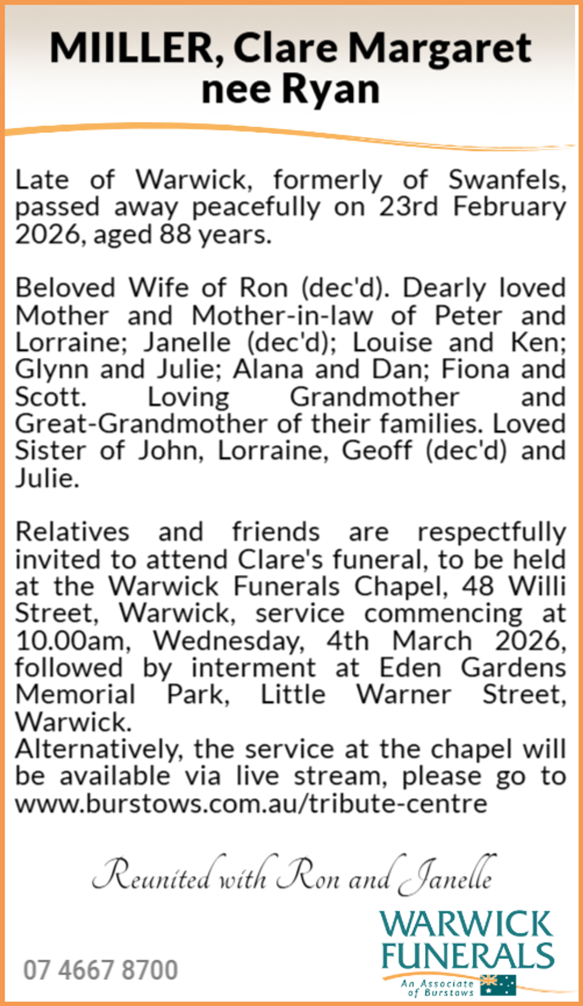 Funeral notice for Clare Margaret Miiller