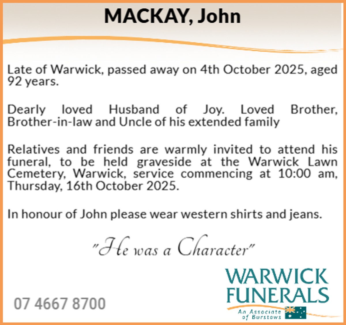 Funeral notice for John Mackay