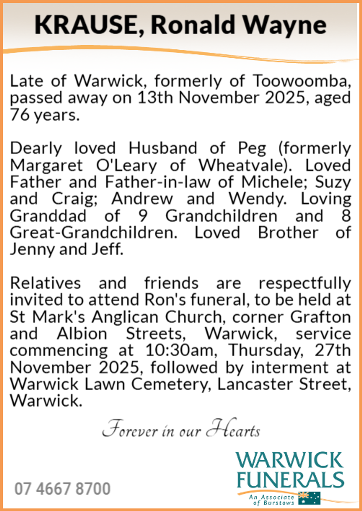 Funeral notice for Ronald Wayne Krause