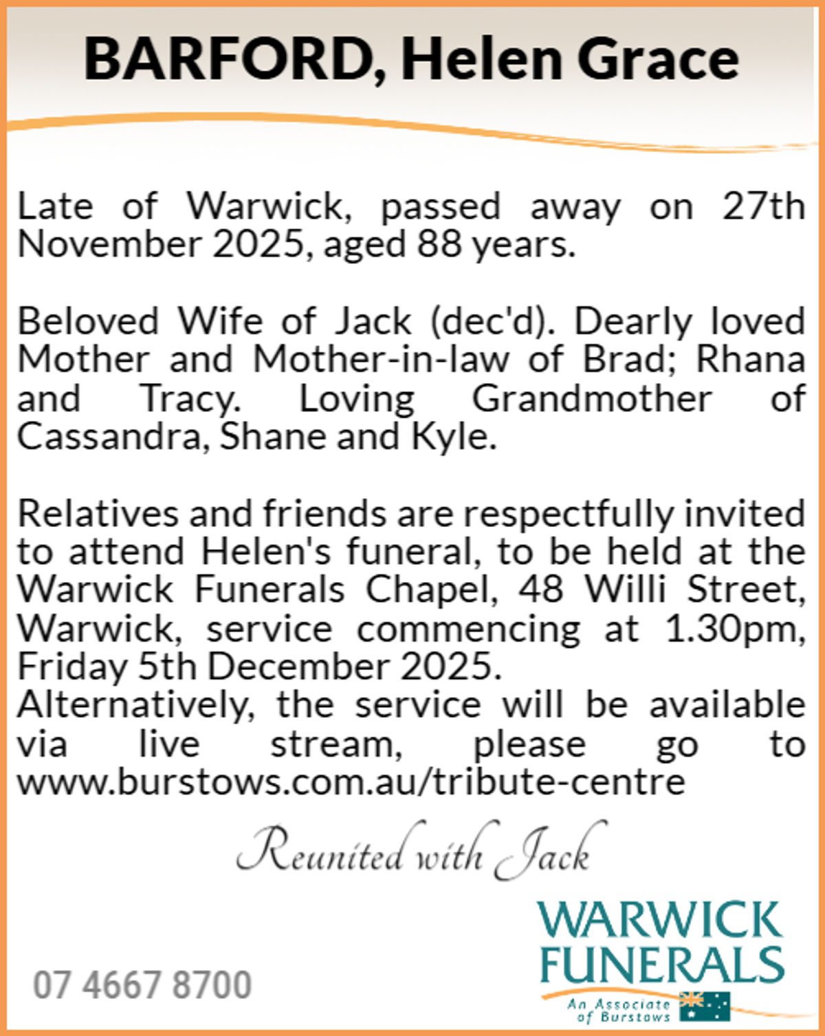 Funeral notice for Helen Grace Barford