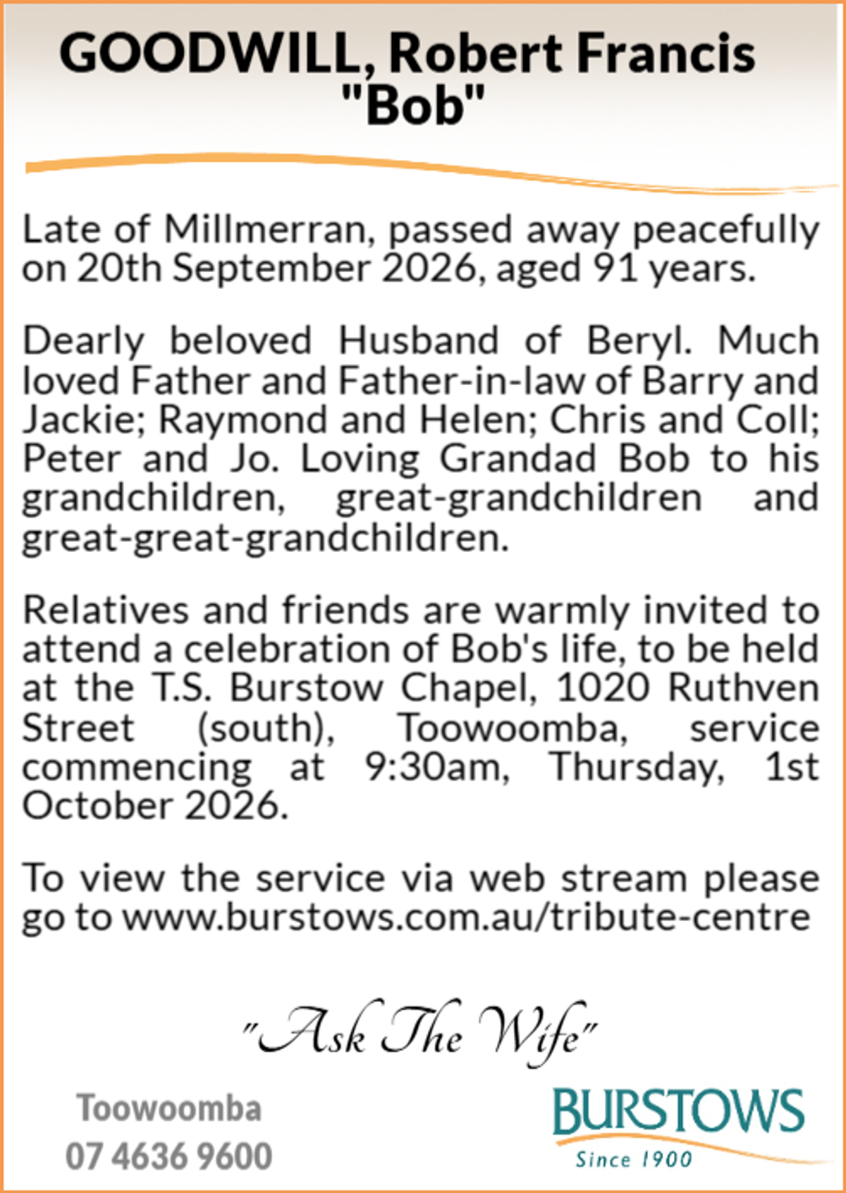 Funeral notice for Robert Francis Goodwill