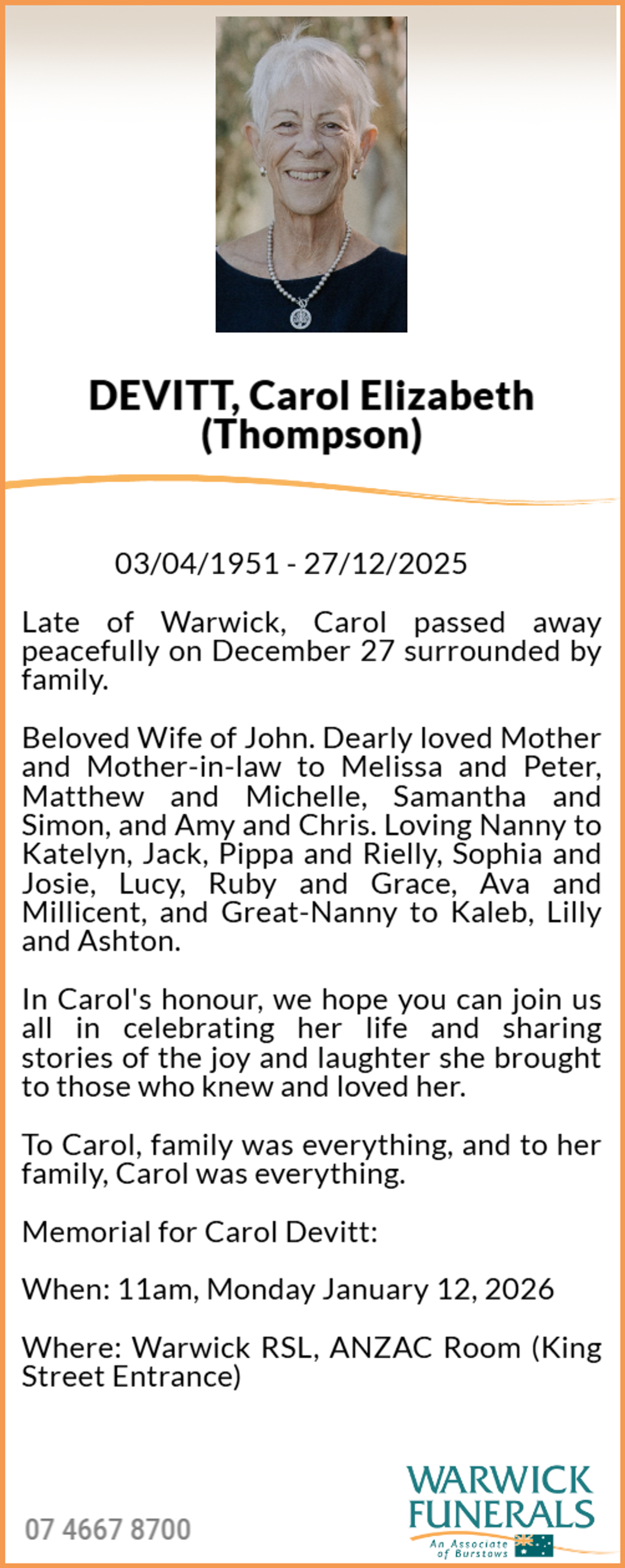 Funeral notice for Carol Elizabeth Devitt
