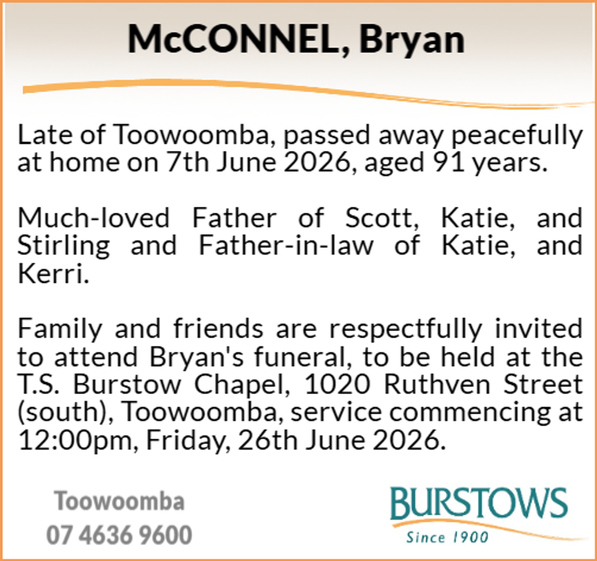 Funeral notice for Bryan McConnel