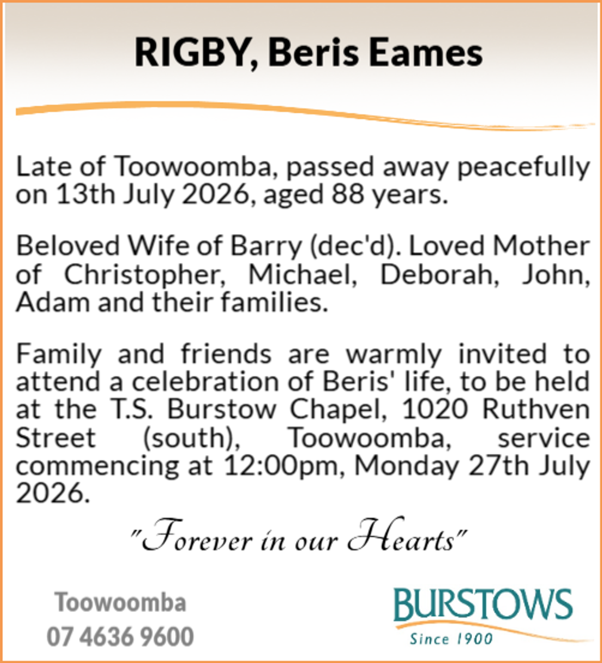 Funeral notice for Beris Eames Rigby