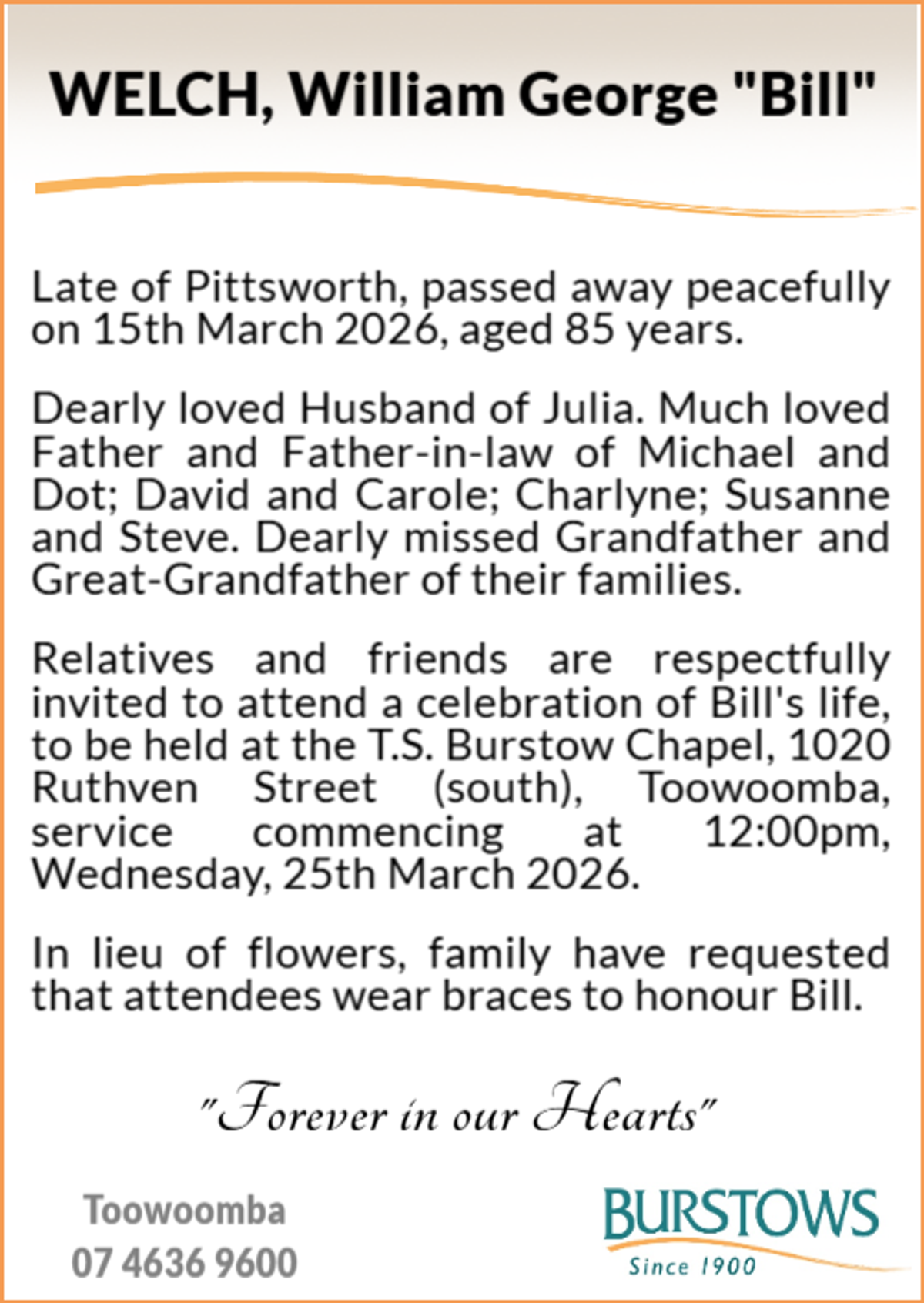 Funeral notice for William George Welch