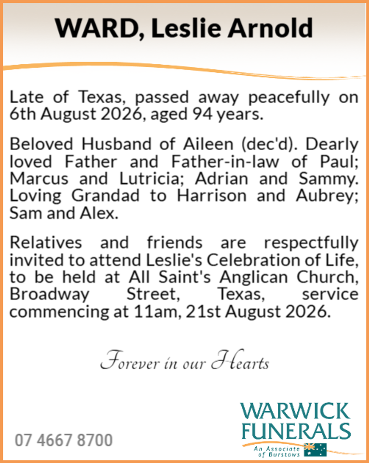 Funeral notice for Leslie Arnold Ward