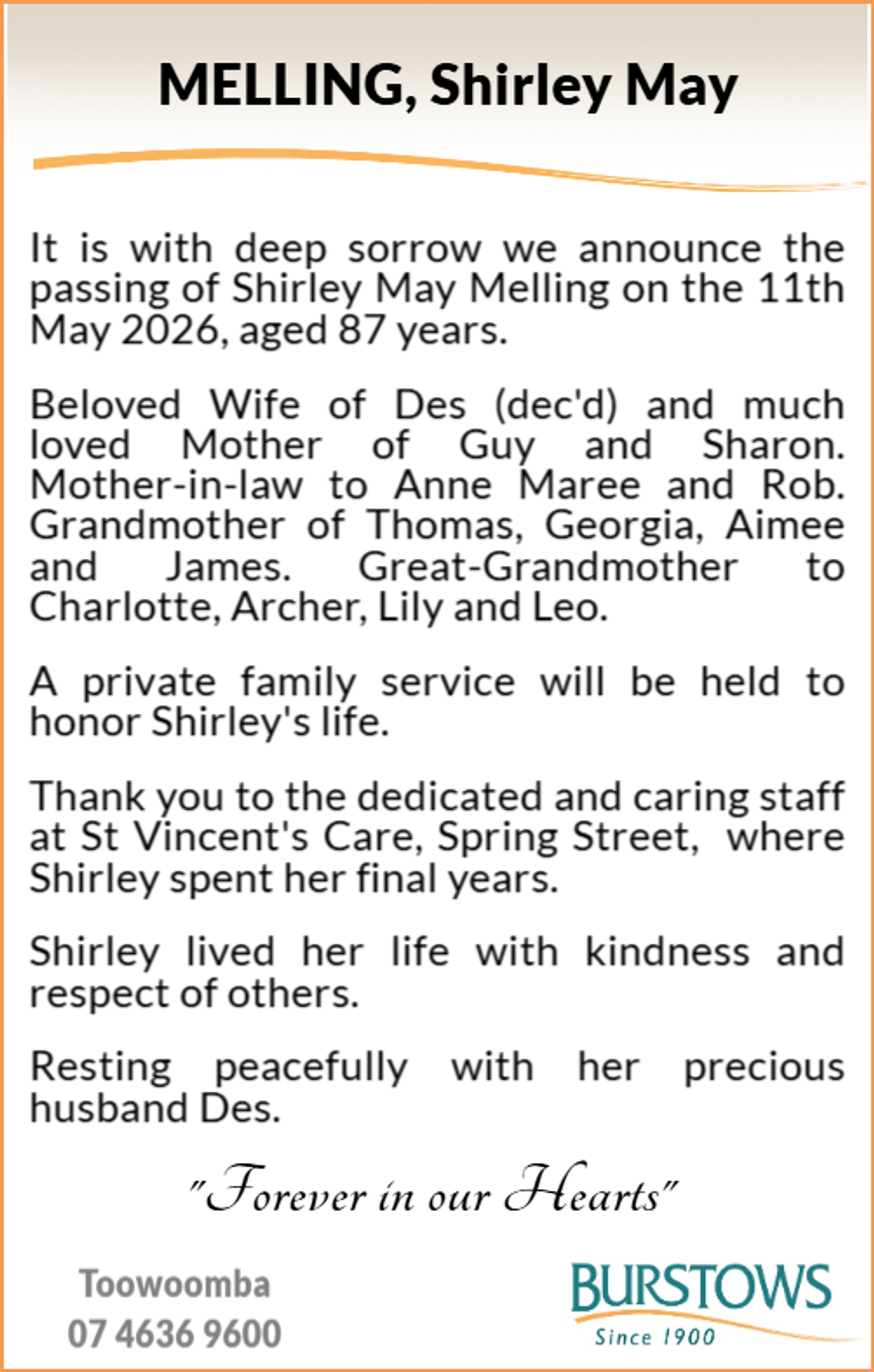 Funeral notice for Shirley May Melling