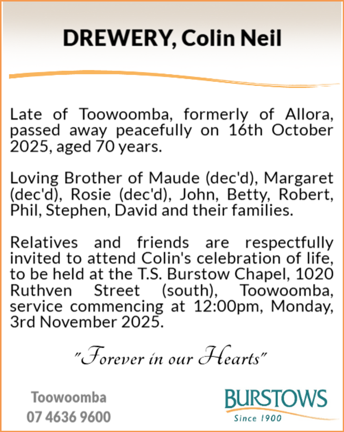 Funeral notice for Colin Neil Drewery