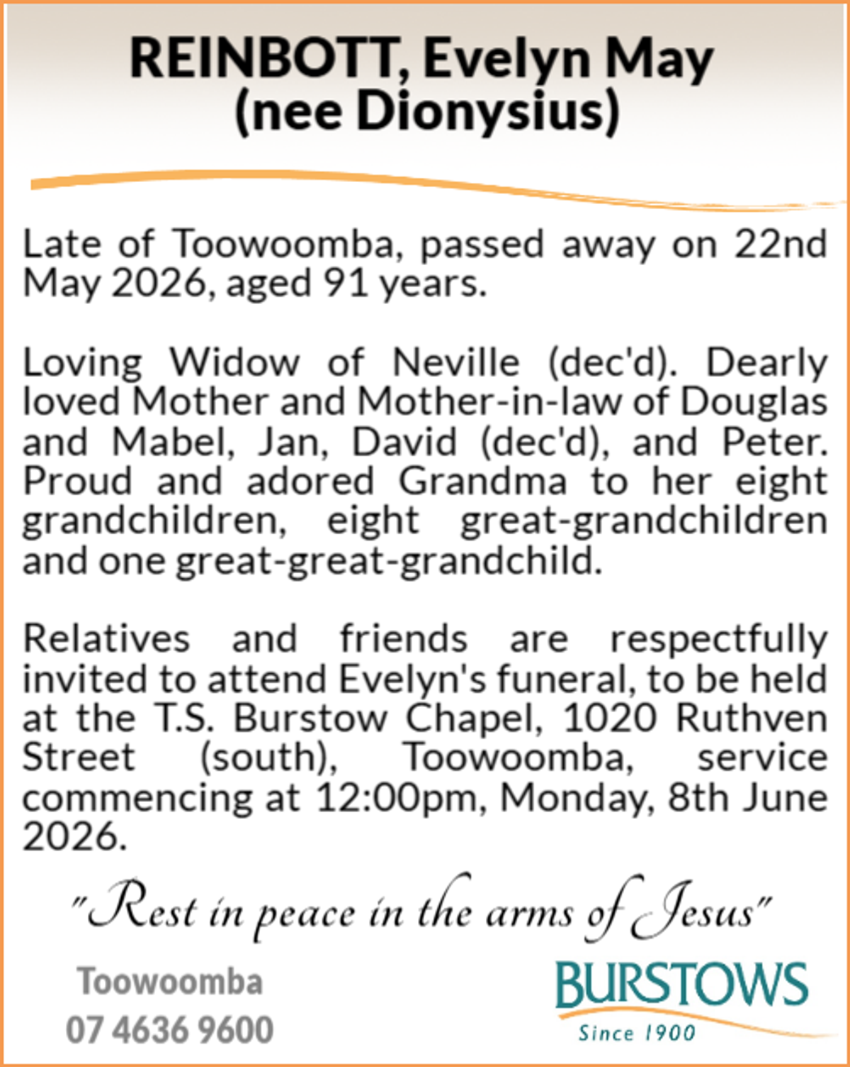 Funeral notice for Evelyn May Reinbott
