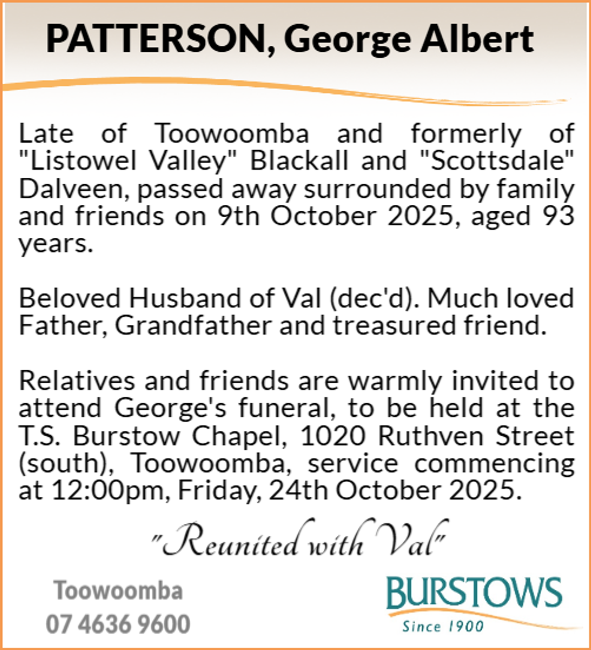 Funeral notice for George Albert Patterson