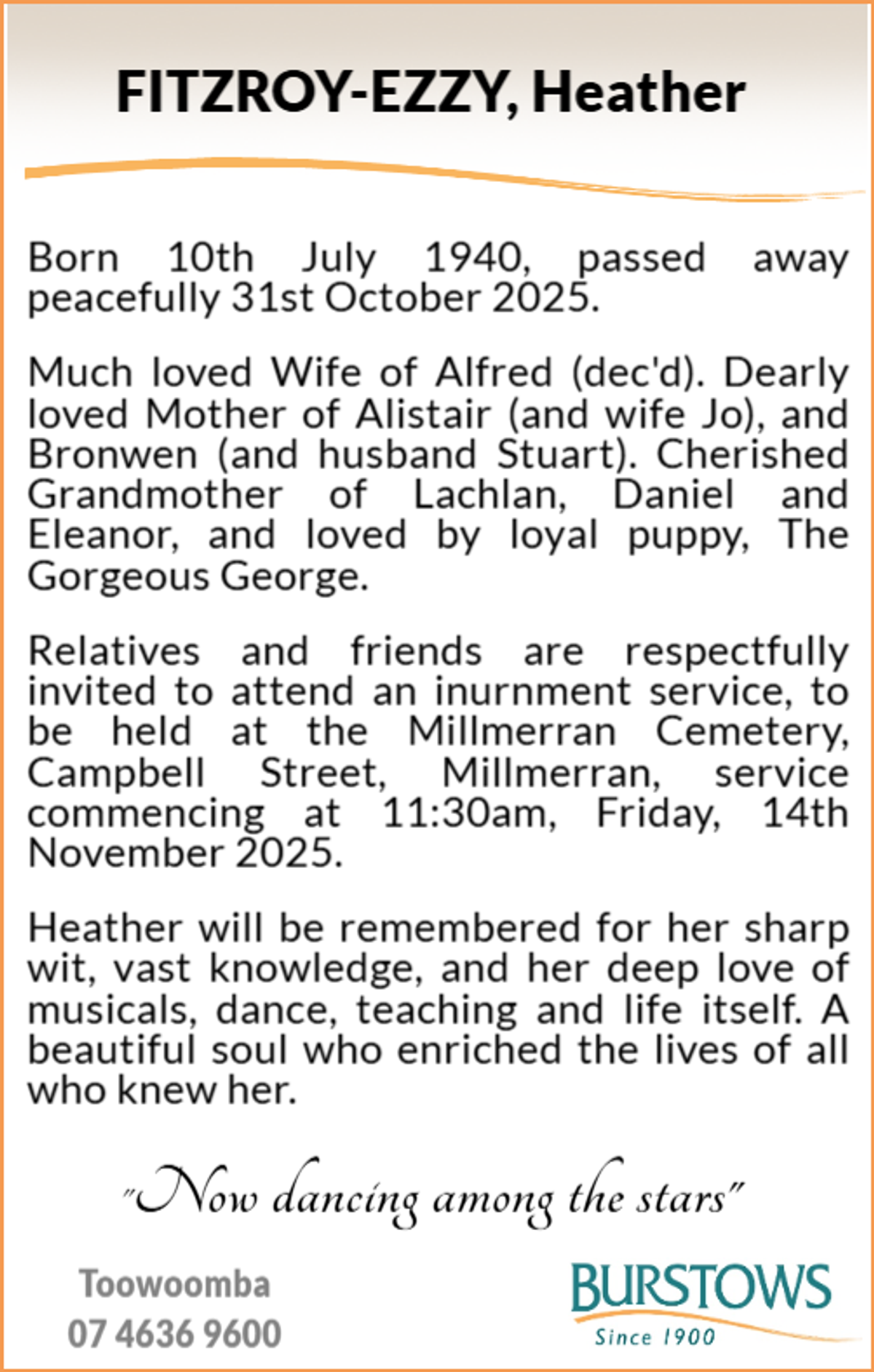 Funeral notice for Heather Fitzroy-Ezzy