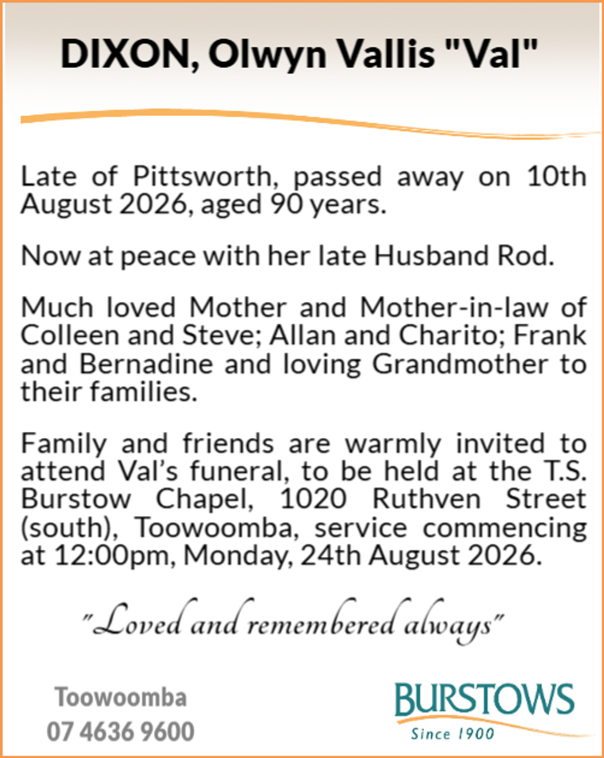 Funeral notice for Olwyn Vallis Dixon