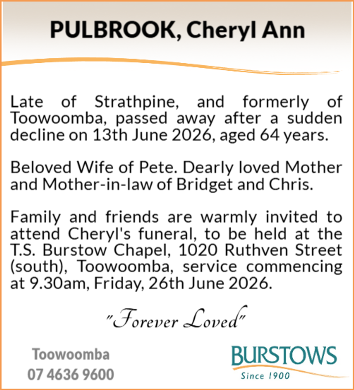 Funeral notice for Cheryl Ann Pulbrook