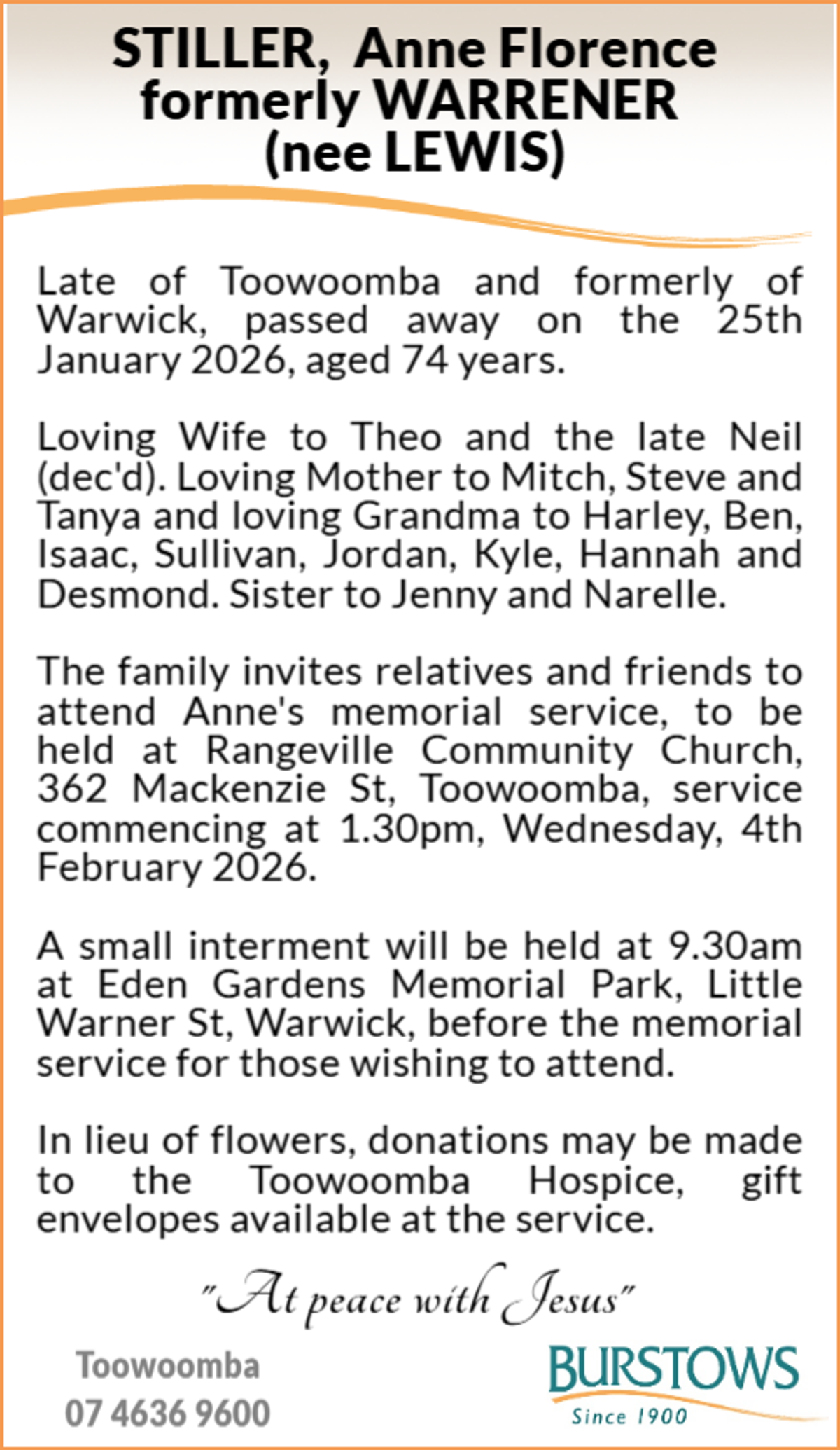 Funeral notice for Anne Florence Stiller