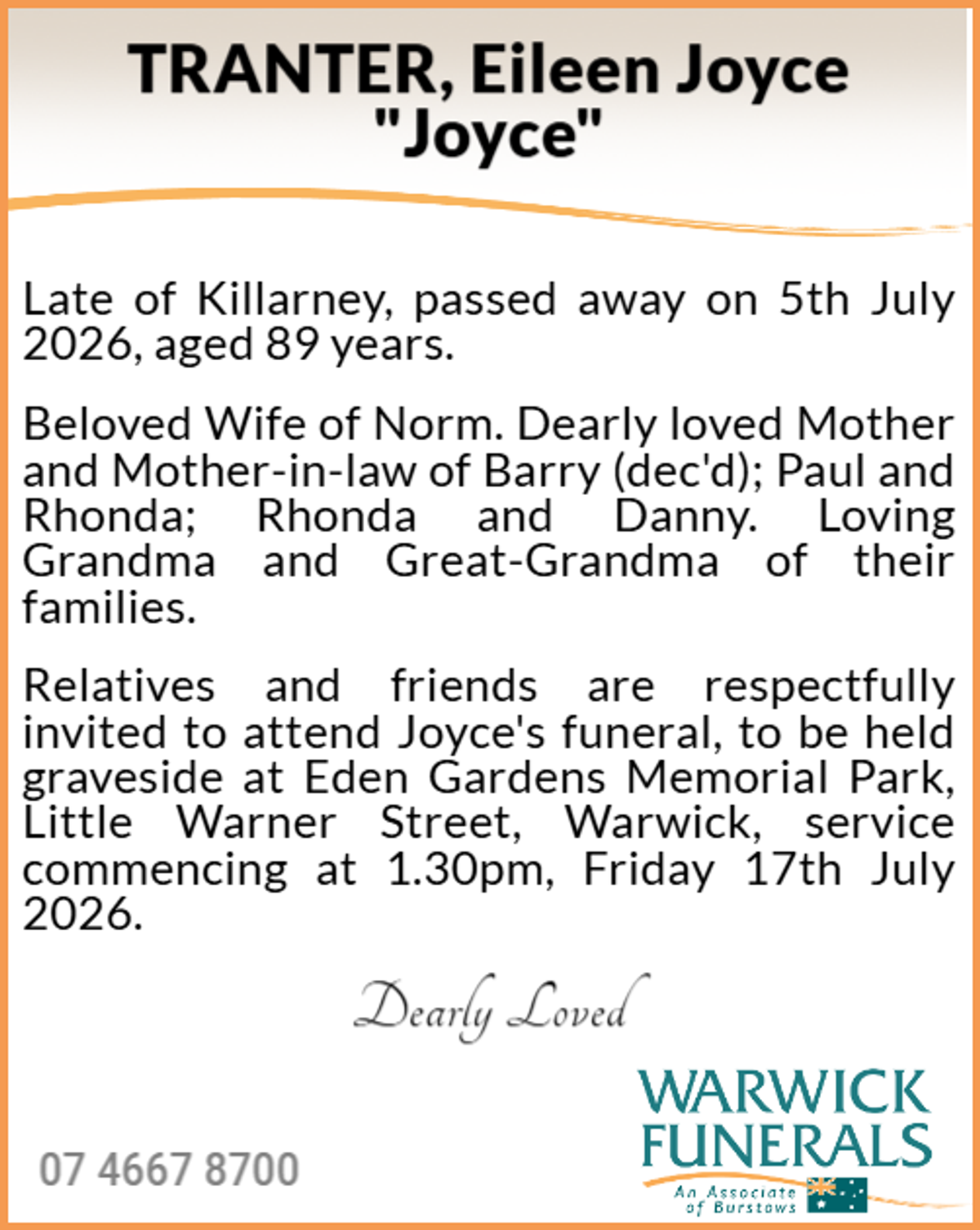 Funeral notice for Eileen Joyce Tranter