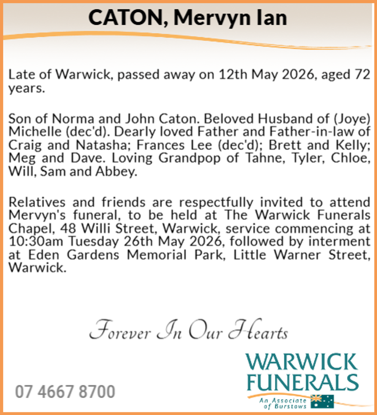 Funeral notice for Mervyn Ian Caton
