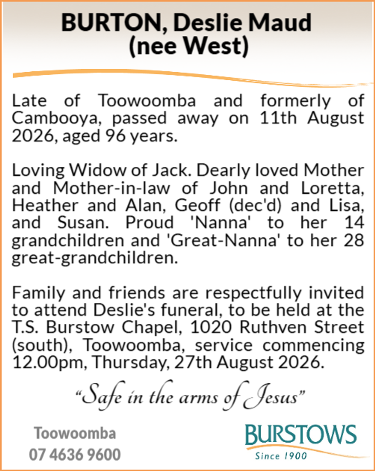 Funeral notice for Deslie Maud Burton