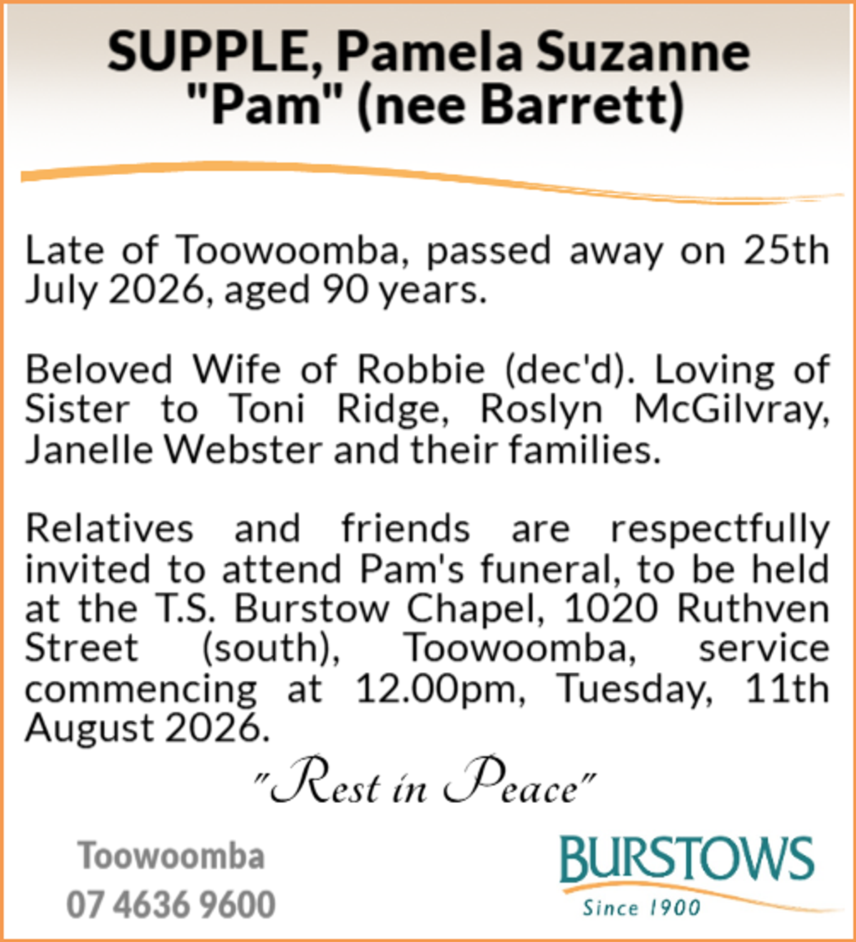 Funeral notice for Pamela Suzanne Supple
