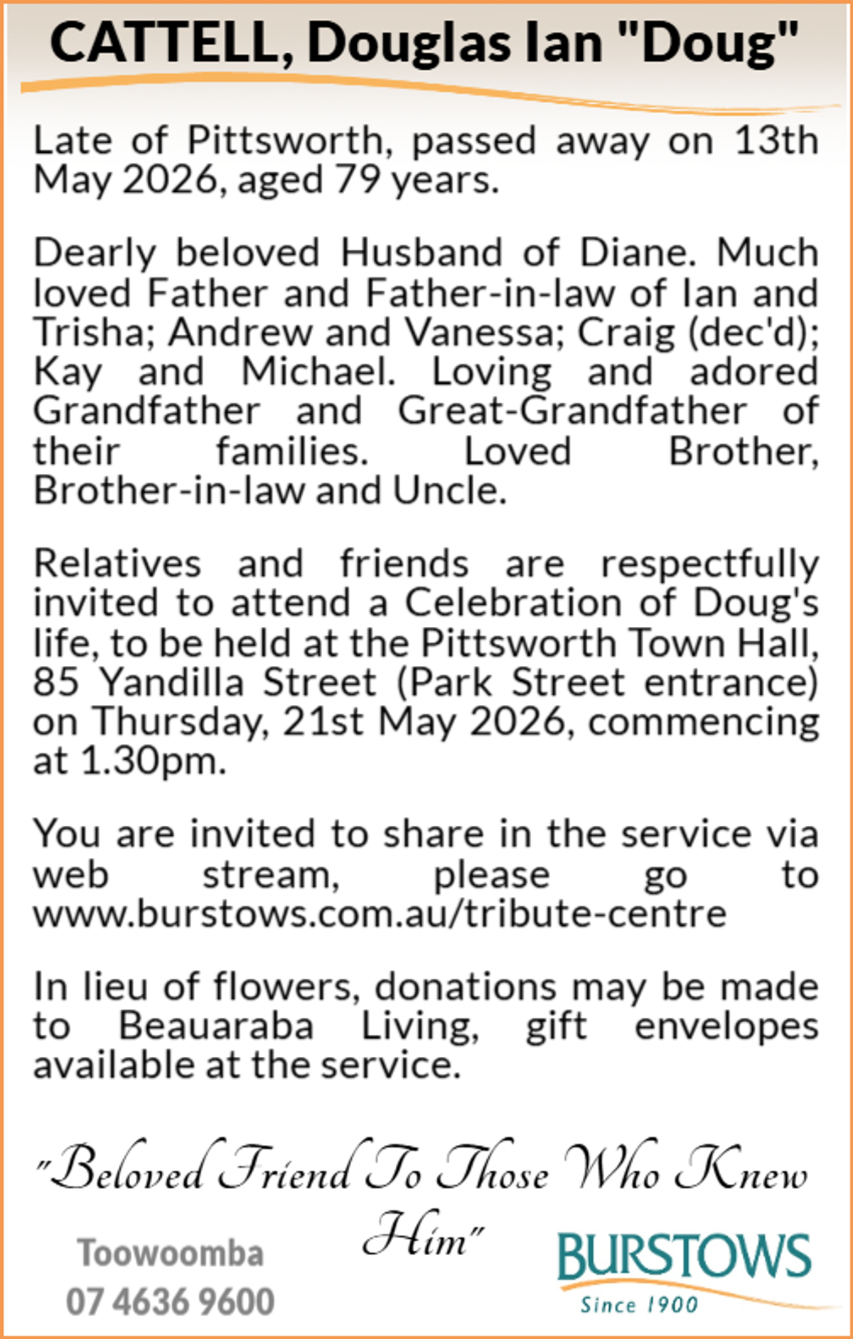 Funeral notice for Douglas Ian Cattell